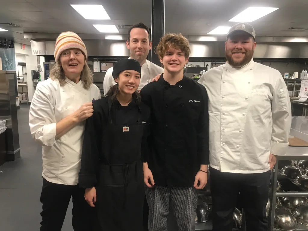 Jill Landman, Culinary Manager with AM Chili Cookoff winners Dejah Pico (West Ottawa Public Schools, Senior); Chef Austin Gresham, Pastry Arts; Jake Phips (Grand Haven Area Public Schools, Junior); and Chef Josh Hoeksema.