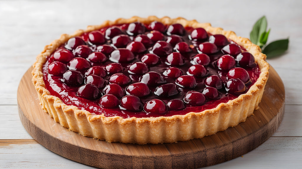 Cherry pie topped with glossy whole cherries in a golden, fluted crust and served on a wooden circular board.