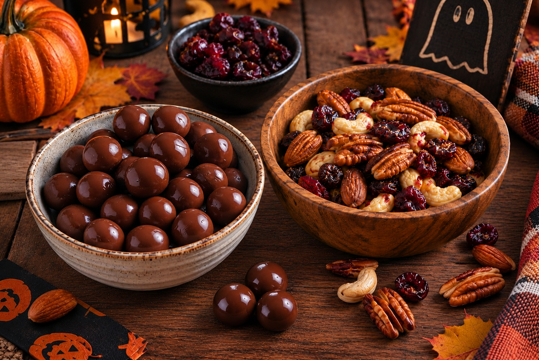 Halloween party food featuring chocolate-covered cherries and mixed nuts on a rustic wooden table.
