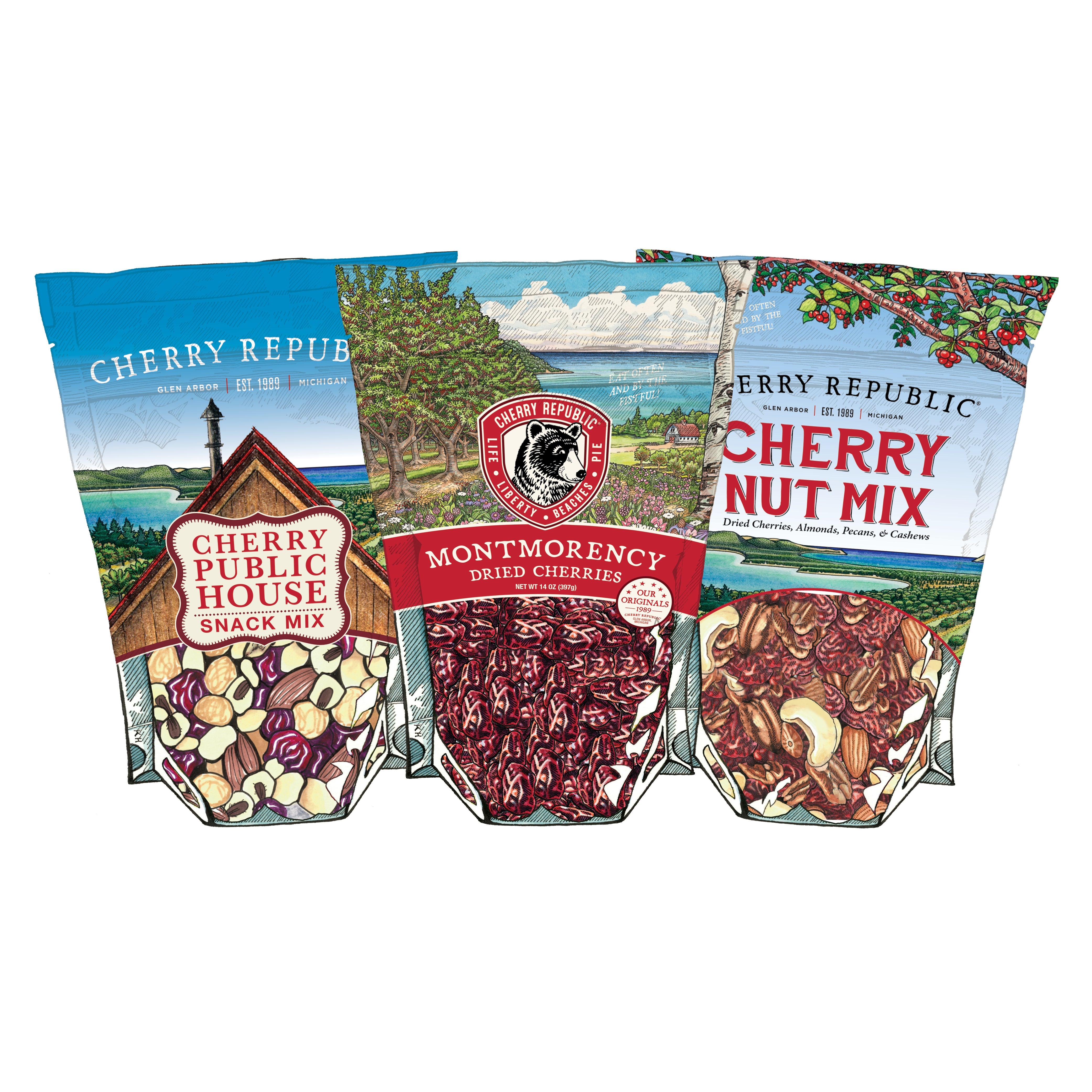 Illustration of Balaton and Montmorency dried cherry packages with vibrant orchard scenes.