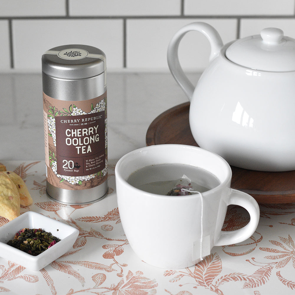 A cup of Cherry Republic cherry oolong tea