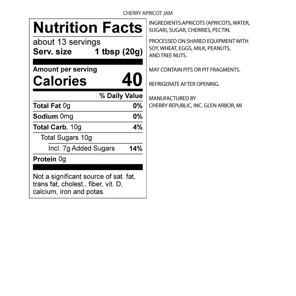 Nutrition label for Cherry Republic cherry apricot jam