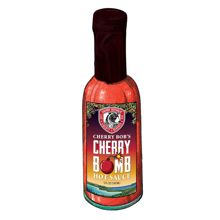 A bottle of Cherry Republic cherry bomb hot sauce