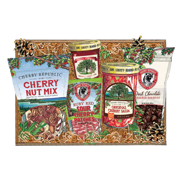Cherry Republic gourmet cherry gift basket with cherry snacks, cherry jam, cherry salsa, sour cherry candy, dark chocolate covered cherries, and cherry nut mix.