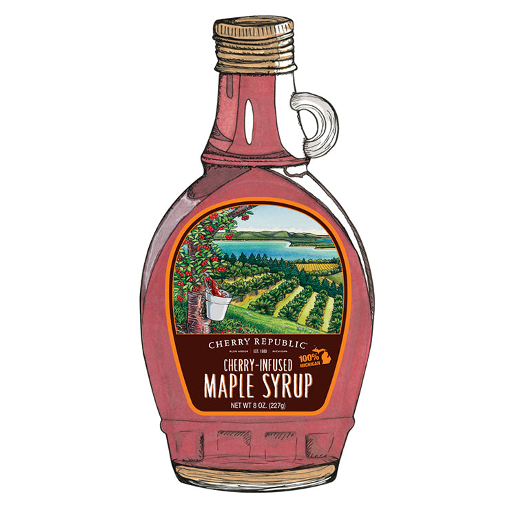 A bottle of Cherry Republic cherry infused maple syrup