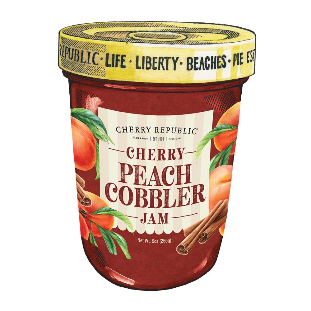 A jar of Cherry Republic cherry peach cobbler jam 