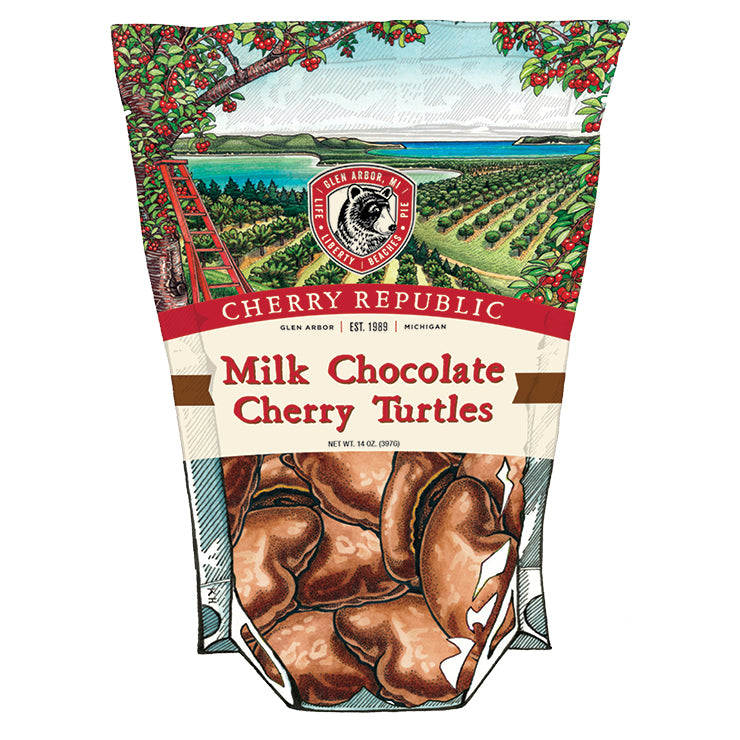A pack of Cherry Republic milk chocolate cherry turtles