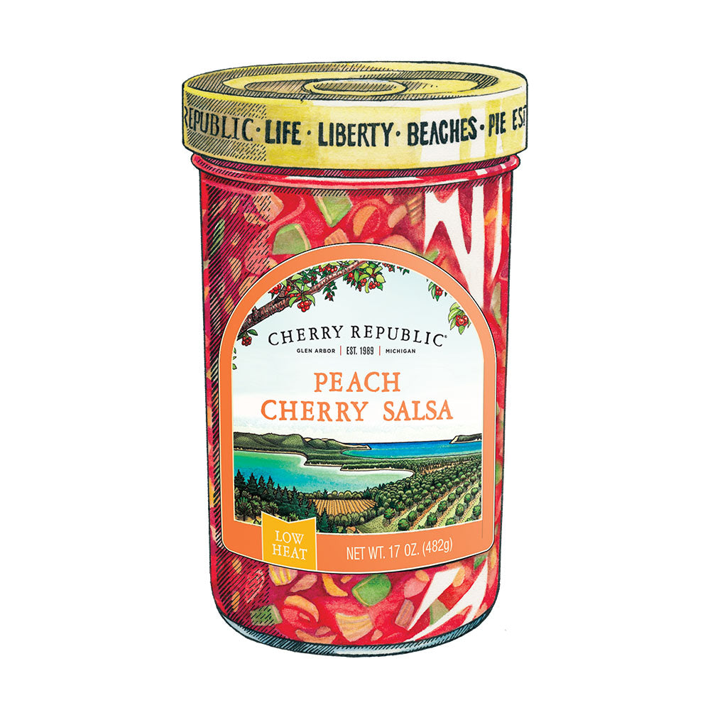 A jar of Cherry Republic peach cherry salsa