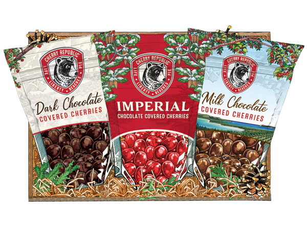 Cherry Republic chocolate covered cherries gift assortment including dark chocolate, milk chocolate, and imperial cherry varieties in premium packaging.