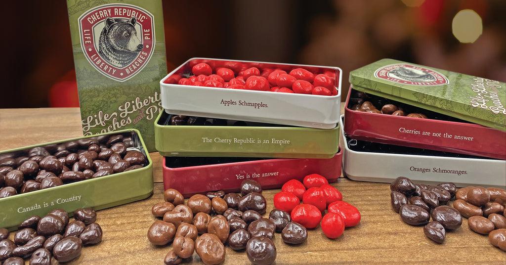 Tin boxes of assorted Cherry Republic chocolate-covered cherries