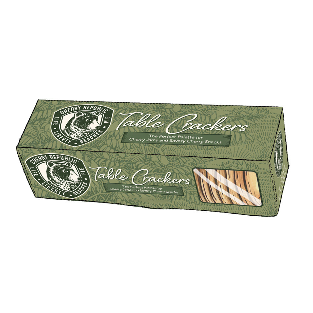 Box of Table Crackers with green design and cherry republic logo