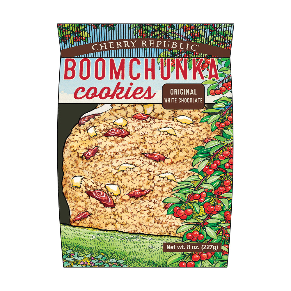 A pack of Cherry Republic white chocolate boomchunka cookies