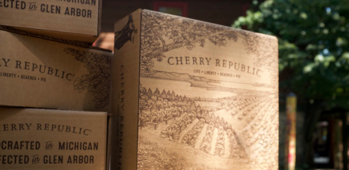Stacked Cherry Republic shipping boxes, crafted in Michigan and perfected in Glen Arbor