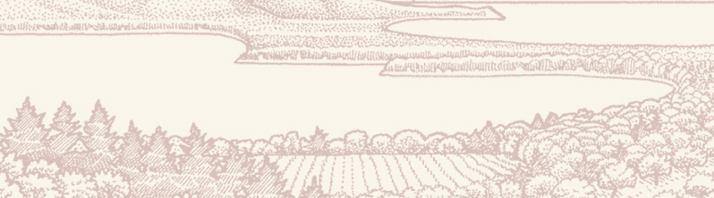 A drawing of a lake surrounded by mountains and trees